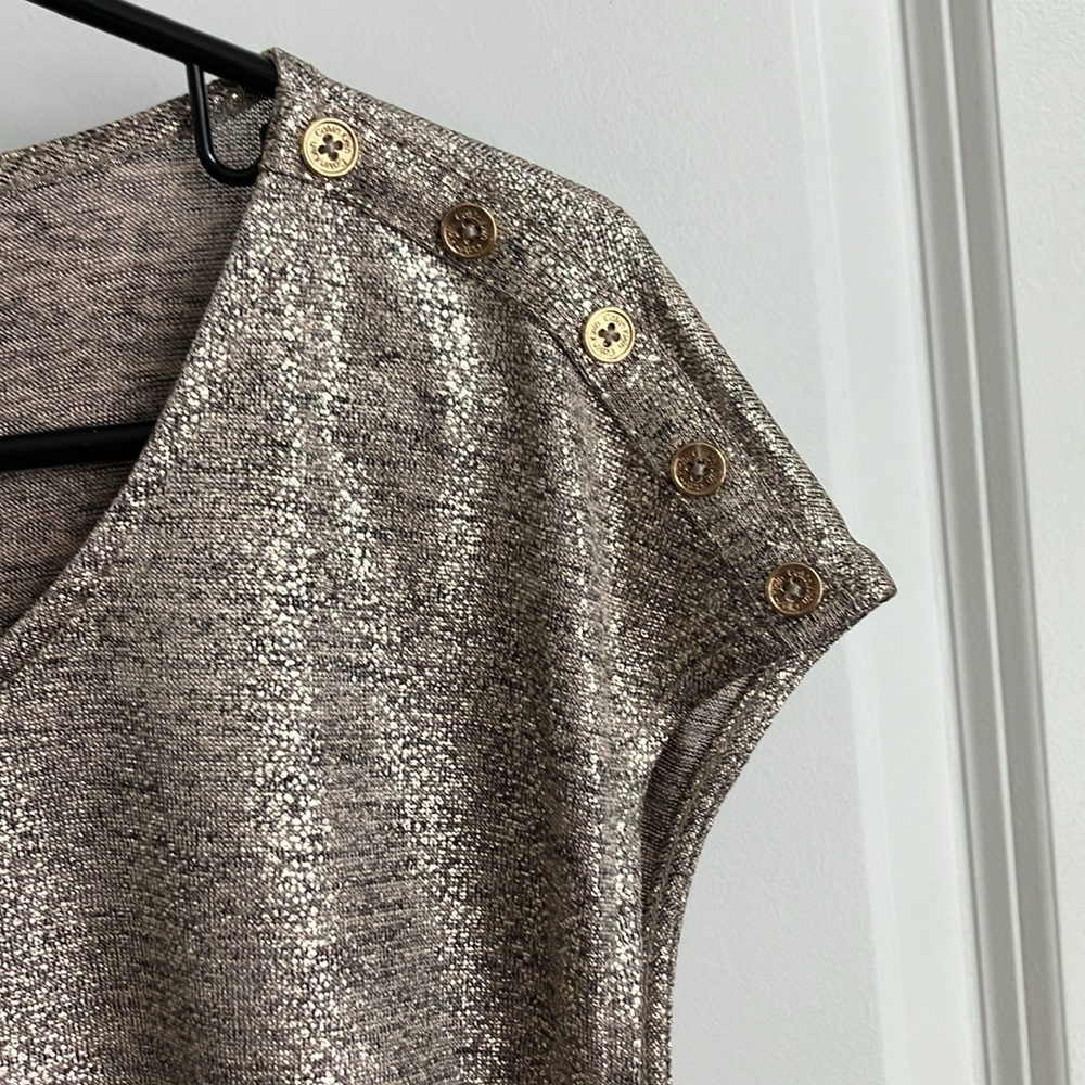 Calvin Klein ruched sides bronze gold metallic top with buttons on sleeves - Picture 3 of 5